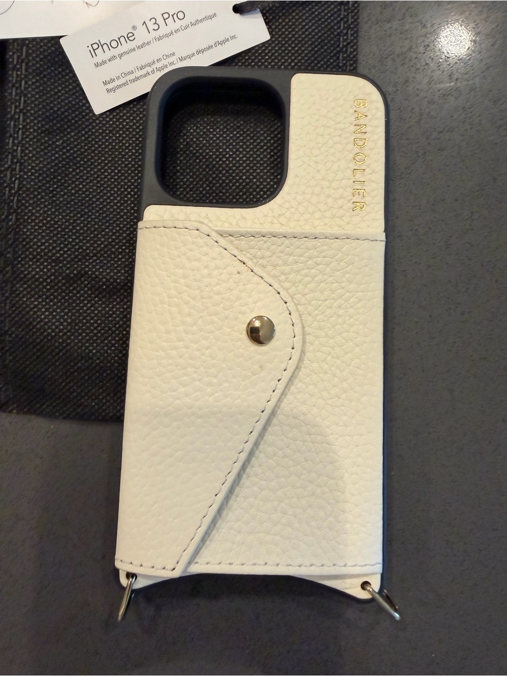Bandolier Ivory/White Pebble Leather iPhone 13 Pro Card Case with Snap. No strap